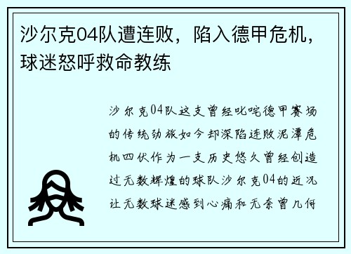 沙尔克04队遭连败,陷入德甲危机,球迷怒呼救命教练